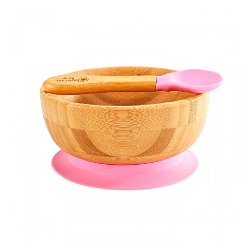 Vinsani Bamboo Bowl and Spoon Set for Baby/Toddler, Suction Plate, Stay-Put Design, Hypoallergenic and BPA-Free (Pink)