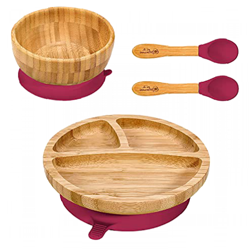 Vinsani Bamboo Bowl, Round Plate and Spoon Set for Baby/Toddler, Suction Plate, Stay-Put Design, Hypoallergenic and BPA-Free (Red)