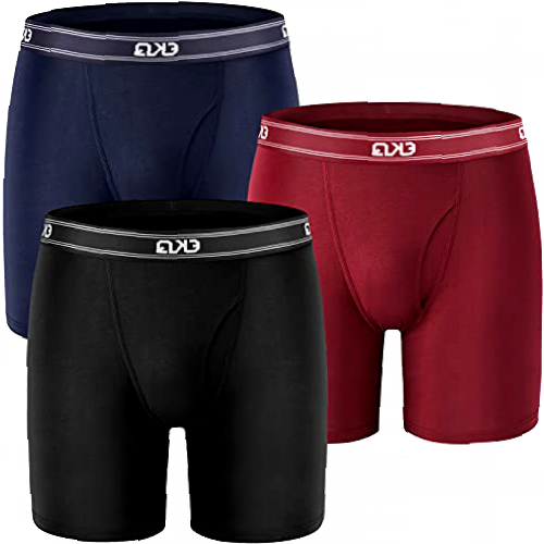 EKQ Men's Bamboo Boxer Multipack Long Leg 3-Pack Cotton Breathable Open Fly Pouch Sports Underpants Brief Shorts Underwear, Black-blue-red, L-XL