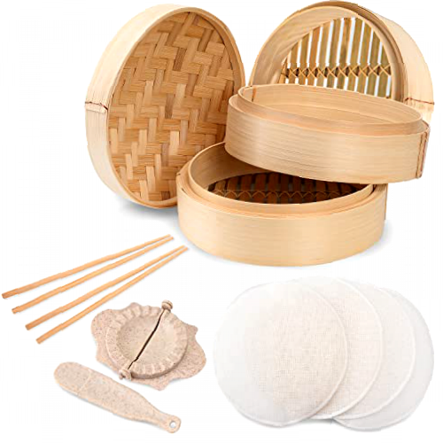 Annie’s Kitchen Complete Set Handmade Bamboo Steamer Basket, Lid, Dumpling and Ravioli Maker Kit, 4 Reusable Cotton Liners, 2 Sets Chopsticks- Wok Steamed Rice, Dim Sum, Fish, Meat(25.4cm 3 Baskets)