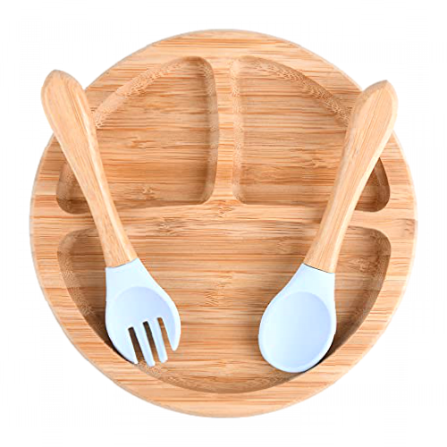 Vicloon Baby Bamboo Suction Bowl, Plate & Spoon Set, Baby Suction Plate Toddler Weaning Set with Spoon, Stay Put Feeding Plate Natural Bamboo Plate for Weaning Babies & Feeding Toddlers
