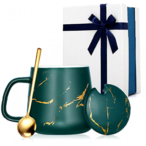 Ceramic Mugs Lightning Marbling with Lid Porcelain Coffee Mug with Steel Spoon 12 oz / 350ml with Gift Box, for Tea Cappuccino Espresso Cocoa Hot Milk Cups, Girls Birthday, Christmas Gifts Set- Green