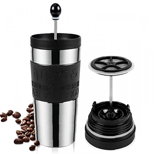 Opard French Press Travel Mug 360°Drinking Leakproof Lid Double-Walled Vacuum Insulated Stainless Steel Thermos Travel Mugs for Hot Drinks Men and Women (Black)