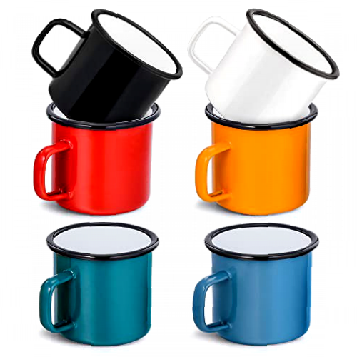 Herogo Enamel Mug, Enamel Camping Coffee Mug Set of 6, White/Black/Red/Blue/Green/Yellow, Retro Drinking Tin Mugs Cups for Home Garden Office Travel, Reusable & Portable, 350ml/12oz