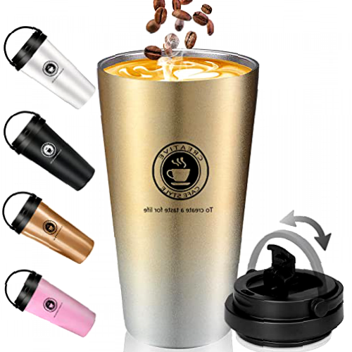 Travel Mug, Insulated Coffee Cup Reusable with Leakproof Lid & Handle, Double Wall Vacuum Stainless Steel Car Coffee Mug for Hot and Cold Water Coffee and Tea, 500ml/17oz (Gradient Gold)