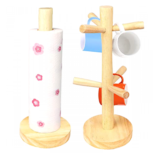 2 Pack Wooden Mug Tree and Kitchen Roll Holder Set 6 Cups Mug Holder Tree Stand and Free Standing Paper Towel Holder with Weighted Base for Kitchen Counter Tabletop Brown