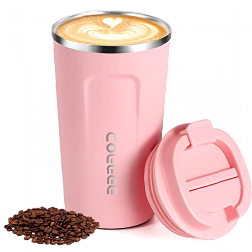 Travel Mug, Vacuum Insulated Coffee Cup, Reuseable Stainless Steel Water Bottle with Leakproof Lid for Hot & Cold Drinks (510ML,Pink)