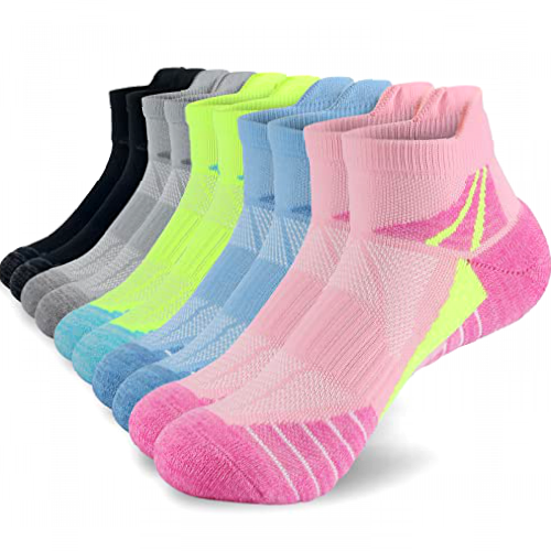 KOOOGEAR Running Trainer Socks Women 4-7,Womens Ladies Ankle Sports Socks Low Cut Anti Blister Cushioned Walking Cotton Socks 5 Pairs Colourful Breathable Wicking Non-slip Athletic Socks