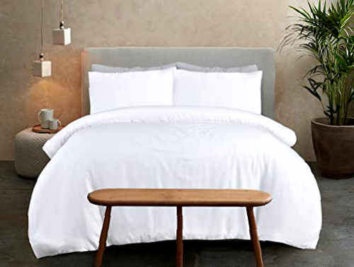 Sleepdown 100% Bamboo Cotton Plain White Duvet Cover Quilt Pillow Cases Bedding Set Soft Easy Care - Super King (220cm x 260cm)