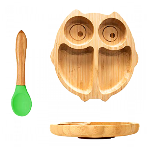 KUSARKO Baby Bowls with Suction Bamboo Suction Bowl with Baby Spoon Set for Babies Kids Toddlers (Owl)