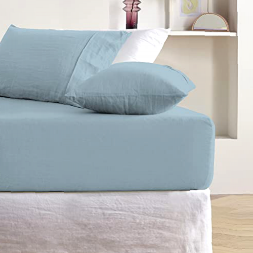 100% Cotton Double Size 300-Thread Count Percale Weave Organic Cotton Fitted Sheet- 1-Piece Percale Weave Elasticised Deep Pocket Sheet (190cm long x 135cm long), Aqua - Purity Home