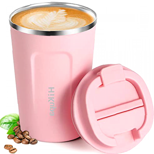 HiKupa® 13oz Insulated Travel Mug with Lid, Leakproof Stainless Steel Tumbler, Double Walled Vacuum Thermal Cup, Coffee Mugs for Hot and Cold Drinks (380ml, Pink)