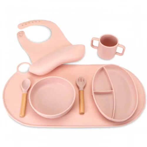 7 Piece Baby weaning Set, Suction Bowl – Suction Plate – Adjustable Bib – Placemat – Cup – Bamboo Spoon and Fork. BPA Free 100% Food Grade Silicone. Wipe Clean and Dishwasher Safe., Blush Pink