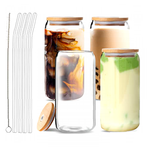 Aikio Drinking Glasses with Bamboo Lids and Glass Straws, 4 Set 16oz Iced Coffee Cup, Can Shaped Glass Cups, Beer Glasses, Pint Glasses, Ideal for Water, Cocktail, Whiskey, Soda, Gift