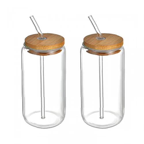 JKIOHO 2Pcs Drinking Glasses Cup with Bamboo Lids and Clear Straws Can Shaped Beer Glasses Cute Tumbler Cup for Whiskey Soda Iced Coffee Iced Tea Water, Transparent