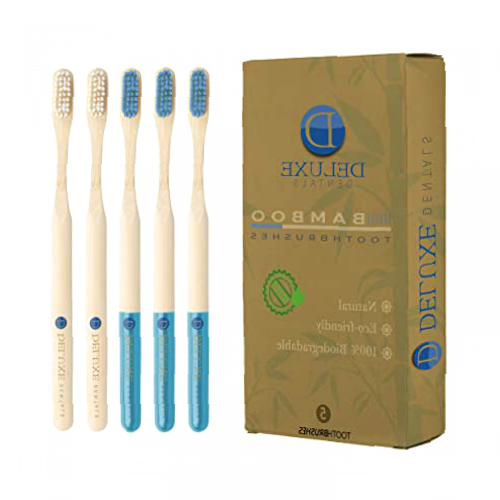 Deluxe Dentals Pack of 5 Bamboo Toothbrushes – Biodegradable Toothbrush for Adults – Medium Soft Nylon Bristles – Durable and Reliable Natural Toothbrush – Deep and Gentle Cleaning – Compact Design
