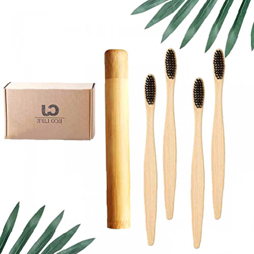CJ ECO LIFE Bamboo Toothbrush 4 Pack with Toothbrush Travel Case, Sustainable Toothbrush Travel Kit, Eco Friendly Toothbrush for Adult