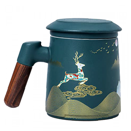 Ceramic Tea Cup with Infuser and lid Tea Mug Daily and Office Use, Hand Made Painted with Wooden Handle, Gift Packing for Family and Friends.400ml (Green)