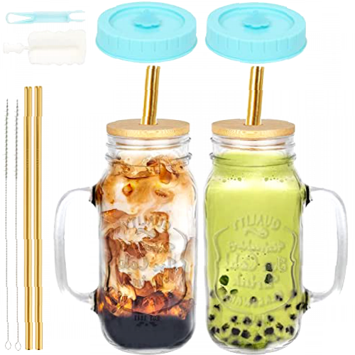 ZgoEC 2 Pack Mason Jar Cups with Handles, 24oz/730ml Reusable Boba Bubble Tea Cups, Wide Mouth Mason Jar Mugs w/Bamboo Lids | Straws, Leakproof Drinking Glasses for Boba Tea, Smoothie, Iced Coffee