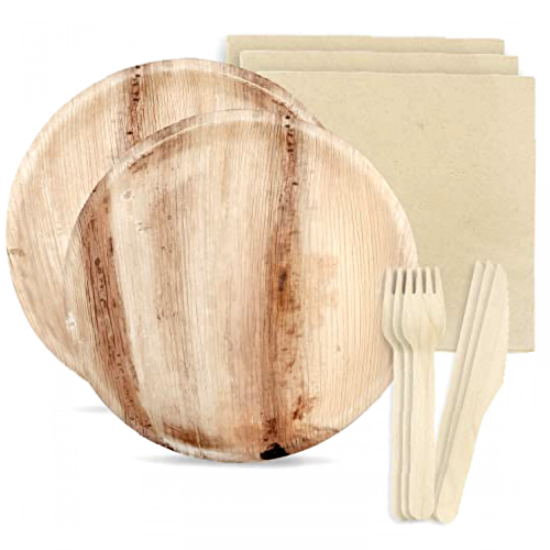 Disposable Palm Leaf Plates and Wooden Cutlery Set - 100 Pieces - 25 Palm Round Plates (10