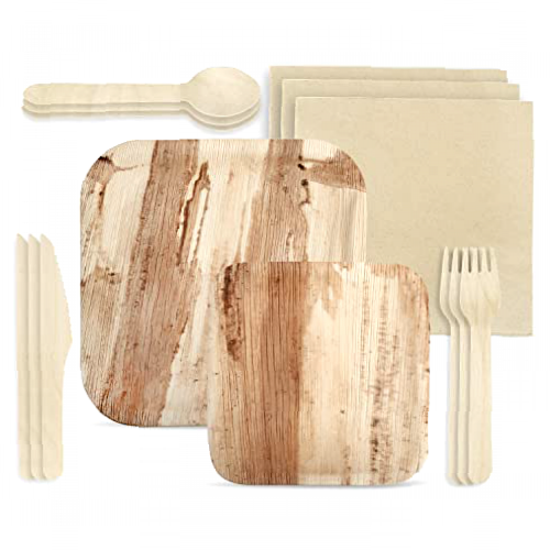 Disposable Palm Leaf Plates and Wooden Cutlery Set - 150 Pieces - 25 Palm Square Plates (10