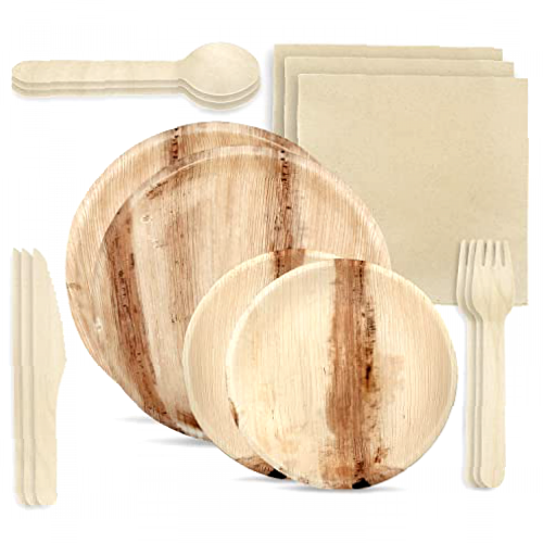 Disposable Palm Leaf Plates and Wooden Cutlery Set - 150 Pieces - 25 Palm Round Plates (10