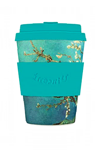 12oz 350ml Ecoffee Cup Van Gogh Collection Reusable Eco-Friendly 100% Plant Based Coffee Cup with Silicone Lid & Sleeve - Melamine Free Dishwasher/Microwave Safe Travel Mug, Almond Blossom