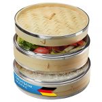 Dimono® Bamboo Steamer with Stainless Steel, 2 Tier Steamer with Lid, Steamer Basket Rice Cooker Bamboo Cooker for Sim Sum Dumplings, Vegetables, Rice, Meat, Fish (Ø 24 cm)
