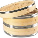 KYONANO Bamboo Steamer, 2 Tier Bamboo Steamer 24cm/9.45Inch with Lid & 2 Cotton Cloths, Bamboo Steamer Basket with Stainless Steel Stripes for Rice, Dim Sum, Vegetables, Meat