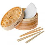 BlauKe Bamboo Steamer Basket 25cm with Chopsticks, Tongs, 50 Paper Liners – 2-Tier Food Steamer for Cooking Dumplings Vegetables Meat Fish Rice