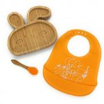 Baby Toddler Bunny Suction Plate Set | Stay Put Feeding Plate | Natural Bamboo | Spoon and Bib Included (Orange)