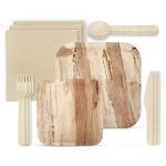 Disposable Palm Leaf Plates and Wooden Cutlery Set - 150 Pieces - 25 Palm Square Plates (10"), 25 Square Palm Plates (7"), 25 Wooden Forks, 25 Wooden Knives, 25 Wooden Spoons, 25 Dinner Napkins