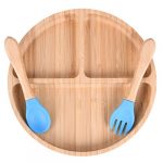 Vicloon Baby Plate with Suction and Spoon Set, Baby Bamboo Plate Weaning Set, Powerful Detachable Suction Base Toddler Led Feeding, Natural Bamboo BPA Free Plates for Stay Put Feeding