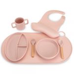 7 Piece Baby weaning Set, Suction Bowl – Suction Plate – Adjustable Bib – Placemat – Cup – Bamboo Spoon and Fork. BPA Free 100% Food Grade Silicone. Wipe Clean and Dishwasher Safe., Blush Pink