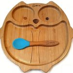 Tummy time owl Suction Plate for Baby weaning Blue, Powerful Detachable Suction Ring Natural Bamboo BPA Free Baby Plate with Matching Spoon Set for Stay Put Feeding