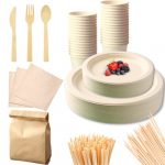 227 PCS, Value Pack of Disposable Plates, Bamboo Cutlery Set, Cups, Straw, Napkin, Skewer | Compostable & Biodegradable | Eco Friendly & Sturdy | Party Plates, Birthday, Wedding, Picnic, BBQ
