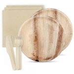Disposable Palm Leaf Plates and Wooden Cutlery Set - 100 Pieces - 25 Palm Round Plates (10"), 25 Wooden Forks, 25 Wooden Knives and 25 Kraft Dinner Napkins - Compostable and Biodegradable Tableware