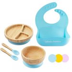 Bimba Bambino ® Bamboo Baby Weaning Set: Bamboo Suction Plate, Bowl, Two Spoons and Matching Silicone Bib, Sturdy and Safe Non-Toxic Natural Bamboo Toddler Suction Plate and Bowl for Baby Led Weaning