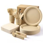MORGIANA Disposable Tableware Set, Plastic Free Paper Plates and Cutlery Set, Eco Bamboo Paper Plates, Paper Cups, Forks, Napkins for Party, Picnic, Garden, BBQ, Service for 25 Person