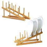 TIE-DailyNec 2 PCS Wooden Dish Rack Bamboo Plate Rack Stand Pot Lid Holder, Dish Drying Rack Kitchen Cabinet Organizer for Cup, Cutting Board, Bowl
