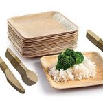 Palm Leaf Plates with Wooden Cutlery -[100 Pack - 25 Square-24cm Plates, 25 Forks, 25 Spoons, 25 Knives] Disposable Biodegradable Party Paper Plates, Wedding, Camping, Events
