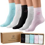 Klenton Ladies Bamboo Socks, 5 Pairs Women's Casual socks, Comfort Cuff Bamboo socks, Size 4-8 (Black, Grey, Blue, Pink, White)