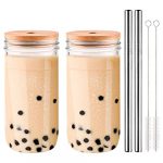 2 Pack Mason Jar with Lid and Straw,Reusable 750ML Boba Tea Cup Wide Mouth Mason Jar Cups Drinking Glasses Tumbler with Bamboo Lid Bubble Tea Cup Travel Mug Glass for Boba Tea Smoothie Juices Jam