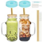 ZgoEC 2 Pack Mason Jar Cups with Handles, 24oz/730ml Reusable Boba Bubble Tea Cups, Wide Mouth Mason Jar Mugs w/Bamboo Lids | Straws, Leakproof Drinking Glasses for Boba Tea, Smoothie, Iced Coffee