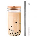Mason Jar with Lid and Straw,Reusable 750ML Boba Tea Cup Wide Mouth Mason Jar Cups Drinking Glasses Tumbler with Bamboo Lid Bubble Tea Cup Travel Mug Glass for Boba Tea Smoothie Juices Jam
