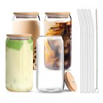 Aikio Drinking Glasses with Bamboo Lids and Glass Straws, 4 Set 16oz Iced Coffee Cup, Can Shaped Glass Cups, Beer Glasses, Pint Glasses, Ideal for Water, Cocktail, Whiskey, Soda, Gift