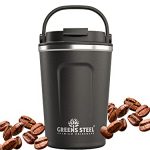 Greens Steel Reusable Coffee Cup - 12 oz Black | Travel Mug with Lid & Handle | Stainless Steel Insulated Thermos Flask for Hot & Cold Drinks | Leak Proof Tumbler for Tea, Coffee, Iced Drinks | No BPA