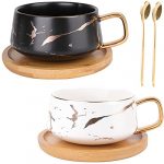 Peohud 2 Pack Ceramic Tea Coffee Cup, 300ml Coffee Mug with 304 Stainless Steel Spoon and Bamboo Saucer, Marble Espresso Cups for Latte, Cappuccino, Americano, White and Black