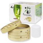 YUHO 10 Inch Bamboo Steamer 25.4 cm, 2 Tier Steamer for Cooking, 10 Paper Liners, 100% Natural Bamboo, Perfect for Steamed Buns, Dumplings, Vegetables, Rice